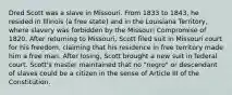 Dred Scott was a slave in Missouri. From 1833 to 1843, he resided in Illinois (a free state) and in the Louisiana Territory, where slavery was forbidden by the Missouri Compromise of 1820. After returning to Missouri, Scott filed suit in Missouri court for his freedom, claiming that his residence in free territory made him a free man. After losing, Scott brought a new suit in federal court. Scott's master maintained that no "negro" or descendant of slaves could be a citizen in the sense of Article III of the Constitution.