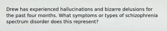 Drew has experienced hallucinations and bizarre delusions for the past four months. What symptoms or types of schizophrenia spectrum disorder does this represent?