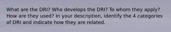 What are the DRI? Who develops the DRI? To whom they apply? How are they used? In your description, identify the 4 categories of DRI and indicate how they are related.