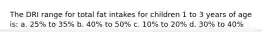 The DRI range for total fat intakes for children 1 to 3 years of age is: a. 25% to 35% b. 40% to 50% c. 10% to 20% d. 30% to 40%