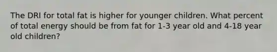 The DRI for total fat is higher for younger children. What percent of total energy should be from fat for 1-3 year old and 4-18 year old children?