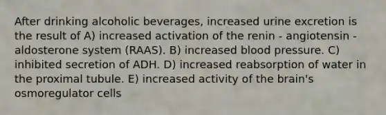 After drinking alcoholic beverages, increased urine excretion is the result of A) increased activation of the renin - angiotensin - aldosterone system (RAAS). B) increased blood pressure. C) inhibited secretion of ADH. D) increased reabsorption of water in the proximal tubule. E) increased activity of the brain's osmoregulator cells