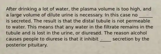 After drinking a lot of water, the plasma volume is too high, and a large volume of dilute urine is necessary. In this case no ______ is secreted. The result is that the distal tubule is not permeable to water. This means that any water in the filtrate remains in the tubule and is lost in the urine, or diuresed. The reason alcohol causes people to diurese is that it inhibit _____ secretion by the posterior pituitary.