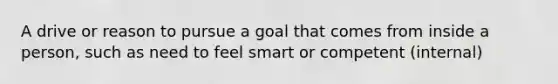 A drive or reason to pursue a goal that comes from inside a person, such as need to feel smart or competent (internal)