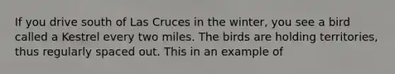 If you drive south of Las Cruces in the winter, you see a bird called a Kestrel every two miles. The birds are holding territories, thus regularly spaced out. This in an example of