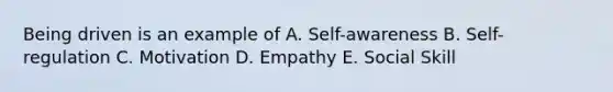 Being driven is an example of A. Self-awareness B. Self-regulation C. Motivation D. Empathy E. Social Skill