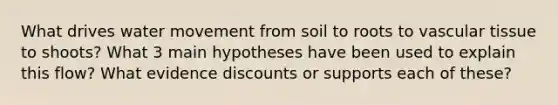 What drives water movement from soil to roots to vascular tissue to shoots? What 3 main hypotheses have been used to explain this flow? What evidence discounts or supports each of these?