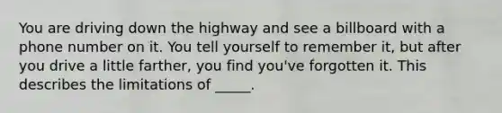 You are driving down the highway and see a billboard with a phone number on it. You tell yourself to remember it, but after you drive a little farther, you find you've forgotten it. This describes the limitations of _____.