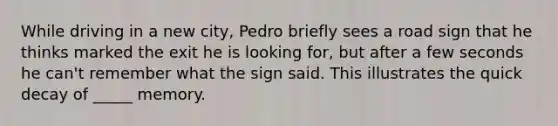 While driving in a new city, Pedro briefly sees a road sign that he thinks marked the exit he is looking for, but after a few seconds he can't remember what the sign said. This illustrates the quick decay of _____ memory.