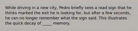 While driving in a new city, Pedro briefly sees a road sign that he thinks marked the exit he is looking for, but after a few seconds, he can no longer remember what the sign said. This illustrates the quick decay of _____ memory.