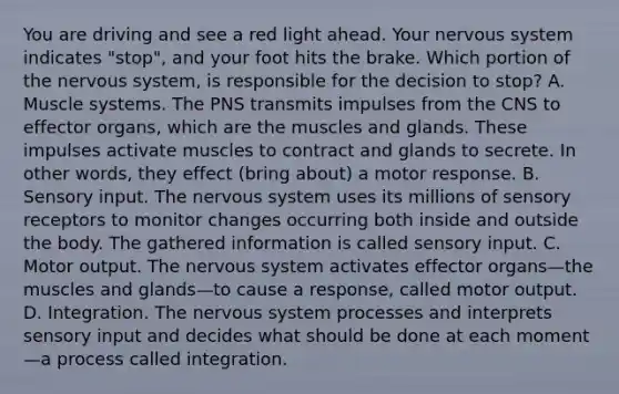 You are driving and see a red light ahead. Your nervous system indicates "stop", and your foot hits the brake. Which portion of the nervous system, is responsible for the decision to stop? A. Muscle systems. The PNS transmits impulses from the CNS to effector organs, which are the muscles and glands. These impulses activate muscles to contract and glands to secrete. In other words, they effect (bring about) a motor response. B. Sensory input. The nervous system uses its millions of sensory receptors to monitor changes occurring both inside and outside the body. The gathered information is called sensory input. C. Motor output. The nervous system activates effector organs—the muscles and glands—to cause a response, called motor output. D. Integration. The nervous system processes and interprets sensory input and decides what should be done at each moment—a process called integration.