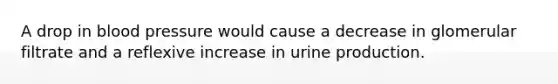 A drop in blood pressure would cause a decrease in glomerular filtrate and a reflexive increase in urine production.