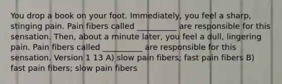 You drop a book on your foot. Immediately, you feel a sharp, stinging pain. Pain fibers called __________ are responsible for this sensation. Then, about a minute later, you feel a dull, lingering pain. Pain fibers called __________ are responsible for this sensation. Version 1 13 A) slow pain fibers; fast pain fibers B) fast pain fibers; slow pain fibers