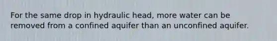 For the same drop in hydraulic head, more water can be removed from a confined aquifer than an unconfined aquifer.