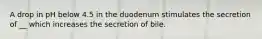 A drop in pH below 4.5 in the duodenum stimulates the secretion of __ which increases the secretion of bile.