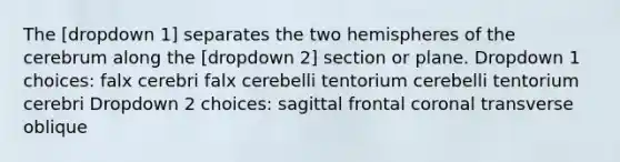 The [dropdown 1] separates the two hemispheres of the cerebrum along the [dropdown 2] section or plane. Dropdown 1 choices: falx cerebri falx cerebelli tentorium cerebelli tentorium cerebri Dropdown 2 choices: sagittal frontal coronal transverse oblique