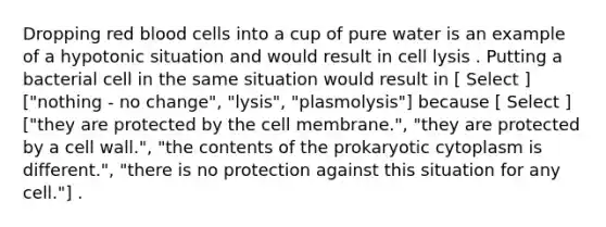 Dropping red blood cells into a cup of pure water is an example of a hypotonic situation and would result in cell lysis . Putting a bacterial cell in the same situation would result in [ Select ] ["nothing - no change", "lysis", "plasmolysis"] because [ Select ] ["they are protected by the cell membrane.", "they are protected by a cell wall.", "the contents of the prokaryotic cytoplasm is different.", "there is no protection against this situation for any cell."] .