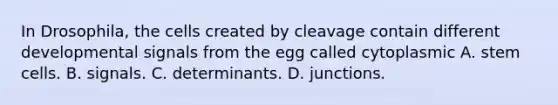 In Drosophila, the cells created by cleavage contain different developmental signals from the egg called cytoplasmic A. stem cells. B. signals. C. determinants. D. junctions.