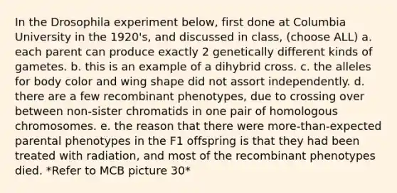 In the Drosophila experiment below, first done at Columbia University in the 1920's, and discussed in class, (choose ALL) a. each parent can produce exactly 2 genetically different kinds of gametes. b. this is an example of a dihybrid cross. c. the alleles for body color and wing shape did not assort independently. d. there are a few recombinant phenotypes, due to crossing over between non-sister chromatids in one pair of homologous chromosomes. e. the reason that there were more-than-expected parental phenotypes in the F1 offspring is that they had been treated with radiation, and most of the recombinant phenotypes died. *Refer to MCB picture 30*