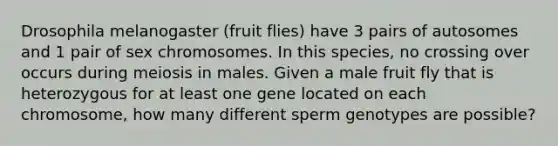 Drosophila melanogaster (fruit flies) have 3 pairs of autosomes and 1 pair of sex chromosomes. In this species, no crossing over occurs during meiosis in males. Given a male fruit fly that is heterozygous for at least one gene located on each chromosome, how many different sperm genotypes are possible?