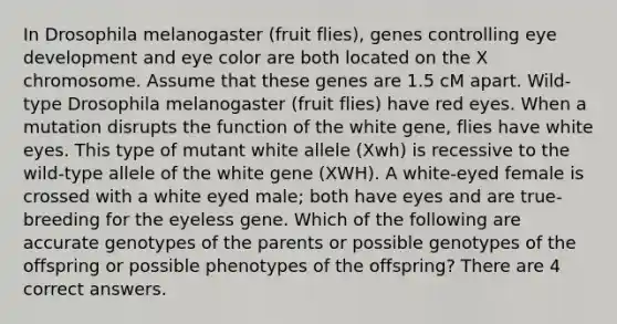 In Drosophila melanogaster (fruit flies), genes controlling eye development and eye color are both located on the X chromosome. Assume that these genes are 1.5 cM apart. Wild-type Drosophila melanogaster (fruit flies) have red eyes. When a mutation disrupts the function of the white gene, flies have white eyes. This type of mutant white allele (Xwh) is recessive to the wild-type allele of the white gene (XWH). A white-eyed female is crossed with a white eyed male; both have eyes and are true-breeding for the eyeless gene. Which of the following are accurate genotypes of the parents or possible genotypes of the offspring or possible phenotypes of the offspring? There are 4 correct answers.