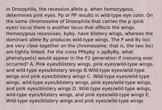 In Drosophila, the recessive allele p, when homozygous, determines pink eyes. Pp or PP results in wild-type eye color. On the same chromosome of Drosophila that carries the p (pink eyes) locus there is another locus that affects the wings. Homozygous recessives, byby, have blistery wings, whereas the dominant allele By produces wild-type wings. The P and By loci are very close together on the chromosome; that is, the two loci are tightly linked. For the cross PPbyby × ppByBy, what phenotype(s) would appear in the F2 generation if crossing over occurred? A. Pink eyes/blistery wings, pink eyes/wild-type wings, and wild-type eyes/blistery wings B.Wild-type eyes/wild-type wings and pink eyes/blistery wings C. Wild-type eyes/wild-type wings, wild-type eyes/blistery wings, pink eyes/wild-type wings, and pink eyes/blistery wings D. Wild-type eyes/wild-type wings, wild-type eyes/blistery wings, and pink eyes/wild-type wings E. Wild-type eyes/blistery wings and pink eyes/wild-type wings