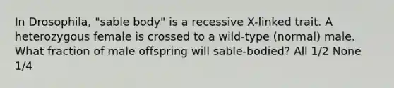 In Drosophila, "sable body" is a recessive X-linked trait. A heterozygous female is crossed to a wild-type (normal) male. What fraction of male offspring will sable-bodied? All 1/2 None 1/4