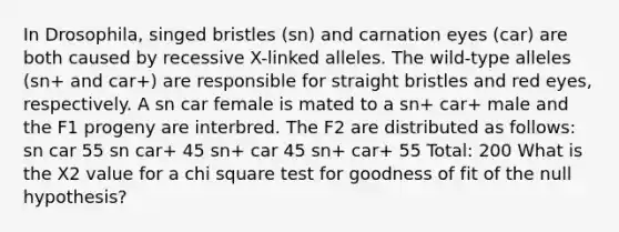 In Drosophila, singed bristles (sn) and carnation eyes (car) are both caused by recessive X-linked alleles. The wild-type alleles (sn+ and car+) are responsible for straight bristles and red eyes, respectively. A sn car female is mated to a sn+ car+ male and the F1 progeny are interbred. The F2 are distributed as follows: sn car 55 sn car+ 45 sn+ car 45 sn+ car+ 55 Total: 200 What is the X2 value for a chi square test for goodness of fit of the null hypothesis?