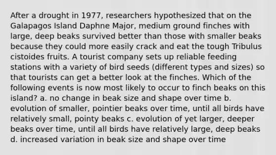 After a drought in 1977, researchers hypothesized that on the Galapagos Island Daphne Major, medium ground finches with large, deep beaks survived better than those with smaller beaks because they could more easily crack and eat the tough Tribulus cistoides fruits. A tourist company sets up reliable feeding stations with a variety of bird seeds (different types and sizes) so that tourists can get a better look at the finches. Which of the following events is now most likely to occur to finch beaks on this island? a. no change in beak size and shape over time b. evolution of smaller, pointier beaks over time, until all birds have relatively small, pointy beaks c. evolution of yet larger, deeper beaks over time, until all birds have relatively large, deep beaks d. increased variation in beak size and shape over time