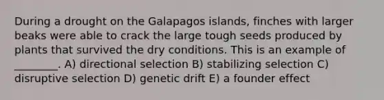 During a drought on the Galapagos islands, finches with larger beaks were able to crack the large tough seeds produced by plants that survived the dry conditions. This is an example of ________. A) directional selection B) stabilizing selection C) disruptive selection D) genetic drift E) a founder effect