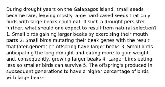 During drought years on the Galapagos island, small seeds became rare, leaving mostly large hard-cased seeds that only birds with large beaks could eat. If such a drought persisted further, what should one expect to result from natural selection? 1. Small birds gaining larger beaks by exercising their mouth parts 2. Small birds mutating their beak genes with the result that later-generation offspring have larger beaks 3. Small birds anticipating the long drought and eating more to gain weight and, consequently, growing larger beaks 4. Larger birds eating less so smaller birds can survive 5. The offspring's produced in subsequent generations to have a higher percentage of birds with large beaks