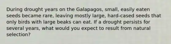 During drought years on the Galapagos, small, easily eaten seeds became rare, leaving mostly large, hard-cased seeds that only birds with large beaks can eat. If a drought persists for several years, what would you expect to result from natural selection?