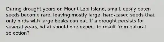 During drought years on Mount Lopi Island, small, easily eaten seeds become rare, leaving mostly large, hard-cased seeds that only birds with large beaks can eat. If a drought persists for several years, what should one expect to result from natural selection?