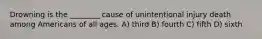 Drowning is the ________ cause of unintentional injury death among Americans of all ages. A) third B) fourth C) fifth D) sixth