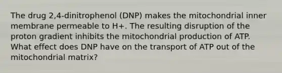 The drug 2,4-dinitrophenol (DNP) makes the mitochondrial inner membrane permeable to H+. The resulting disruption of the proton gradient inhibits the mitochondrial production of ATP. What effect does DNP have on the transport of ATP out of the mitochondrial matrix?