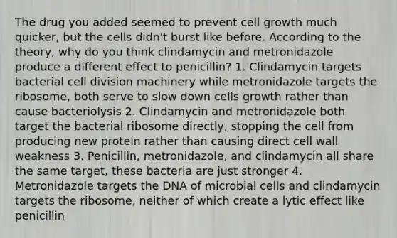 The drug you added seemed to prevent cell growth much quicker, but the cells didn't burst like before. According to the theory, why do you think clindamycin and metronidazole produce a different effect to penicillin? 1. Clindamycin targets bacterial cell division machinery while metronidazole targets the ribosome, both serve to slow down cells growth rather than cause bacteriolysis 2. Clindamycin and metronidazole both target the bacterial ribosome directly, stopping the cell from producing new protein rather than causing direct cell wall weakness 3. Penicillin, metronidazole, and clindamycin all share the same target, these bacteria are just stronger 4. Metronidazole targets the DNA of microbial cells and clindamycin targets the ribosome, neither of which create a lytic effect like penicillin