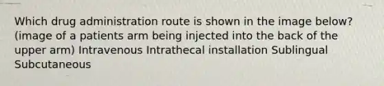 Which drug administration route is shown in the image below? (image of a patients arm being injected into the back of the upper arm) Intravenous Intrathecal installation Sublingual Subcutaneous