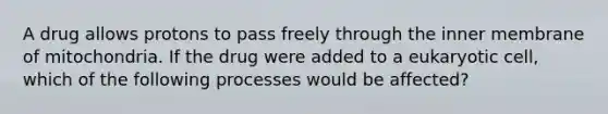 A drug allows protons to pass freely through the inner membrane of mitochondria. If the drug were added to a eukaryotic cell, which of the following processes would be affected?