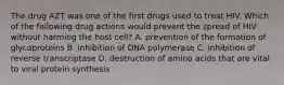 The drug AZT was one of the first drugs used to treat HIV. Which of the following drug actions would prevent the spread of HIV without harming the host cell? A. prevention of the formation of glycoproteins B. inhibition of DNA polymerase C. inhibition of reverse transcriptase D. destruction of amino acids that are vital to viral protein synthesis