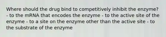 Where should the drug bind to competitively inhibit the enzyme? - to the mRNA that encodes the enzyme - to the active site of the enzyme - to a site on the enzyme other than the active site - to the substrate of the enzyme