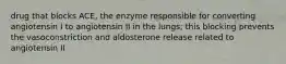 drug that blocks ACE, the enzyme responsible for converting angiotensin I to angiotensin II in the lungs; this blocking prevents the vasoconstriction and aldosterone release related to angiotensin II