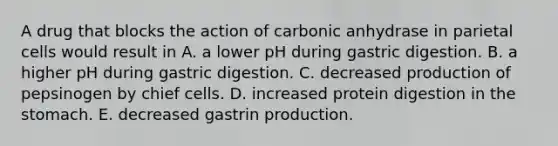 A drug that blocks the action of carbonic anhydrase in parietal cells would result in A. a lower pH during gastric digestion. B. a higher pH during gastric digestion. C. decreased production of pepsinogen by chief cells. D. increased protein digestion in the stomach. E. decreased gastrin production.