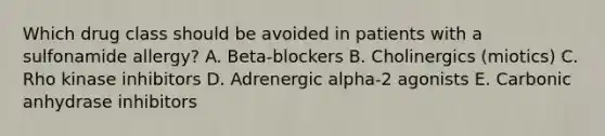 Which drug class should be avoided in patients with a sulfonamide allergy? A. Beta-blockers B. Cholinergics (miotics) C. Rho kinase inhibitors D. Adrenergic alpha-2 agonists E. Carbonic anhydrase inhibitors