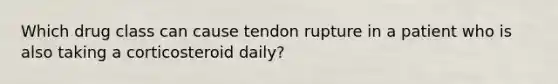 Which drug class can cause tendon rupture in a patient who is also taking a corticosteroid daily?