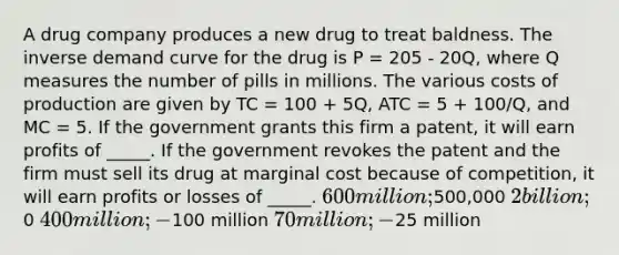 A drug company produces a new drug to treat baldness. The inverse <a href='https://www.questionai.com/knowledge/ka2tUMvON2-demand-curve' class='anchor-knowledge'>demand curve</a> for the drug is P = 205 - 20Q, where Q measures the number of pills in millions. The various <a href='https://www.questionai.com/knowledge/kzqMcQVVHj-costs-of-production' class='anchor-knowledge'>costs of production</a> are given by TC = 100 + 5Q, ATC = 5 + 100/Q, and MC = 5. If the government grants this firm a patent, it will earn profits of _____. If the government revokes the patent and the firm must sell its drug at <a href='https://www.questionai.com/knowledge/k8jPqJqxj8-marginal-cost' class='anchor-knowledge'>marginal cost</a> because of competition, it will earn profits or losses of _____. 600 million;500,000 2 billion;0 400 million; -100 million 70 million; -25 million