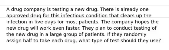 A drug company is testing a new drug. There is already one approved drug for this infectious condition that clears up the infection in five days for most patients. The company hopes the new drug will work even faster. They plan to conduct testing of the new drug in a large group of patients. If they randomly assign half to take each drug, what type of test should they use?