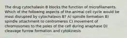 The drug cytochalasin B blocks the function of microfilaments. Which of the following aspects of the animal cell cycle would be most disrupted by cytochalasin B? A) spindle formation B) spindle attachment to centromeres C) movement of chromosomes to the poles of the cell during anaphase D) cleavage furrow formation and cytokinesis