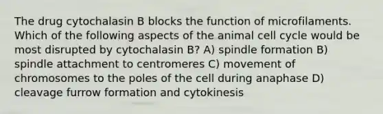 The drug cytochalasin B blocks the function of microfilaments. Which of the following aspects of the animal cell cycle would be most disrupted by cytochalasin B? A) spindle formation B) spindle attachment to centromeres C) movement of chromosomes to the poles of the cell during anaphase D) cleavage furrow formation and cytokinesis