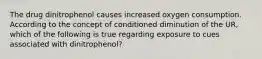 The drug dinitrophenol causes increased oxygen consumption. According to the concept of conditioned diminution of the UR, which of the following is true regarding exposure to cues associated with dinitrophenol?