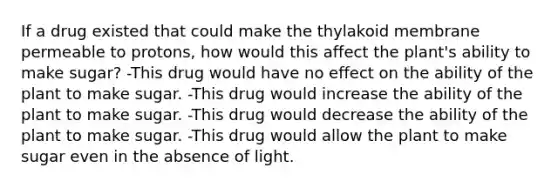 If a drug existed that could make the thylakoid membrane permeable to protons, how would this affect the plant's ability to make sugar? -This drug would have no effect on the ability of the plant to make sugar. -This drug would increase the ability of the plant to make sugar. -This drug would decrease the ability of the plant to make sugar. -This drug would allow the plant to make sugar even in the absence of light.